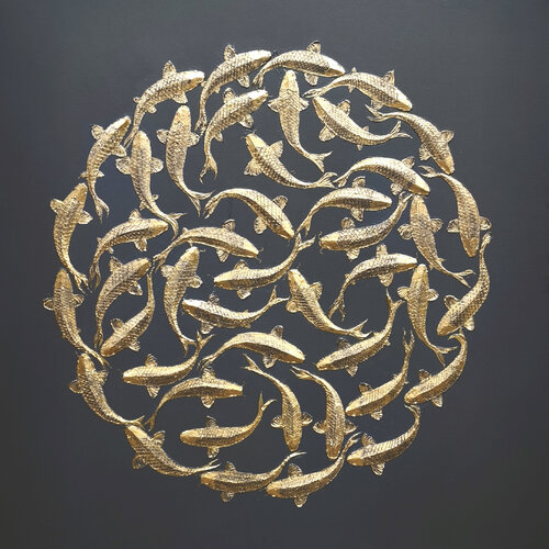 "Fish" Abstract gold fish acrylic high textured art von Yana Sagan, Malerei kaufen auf Select