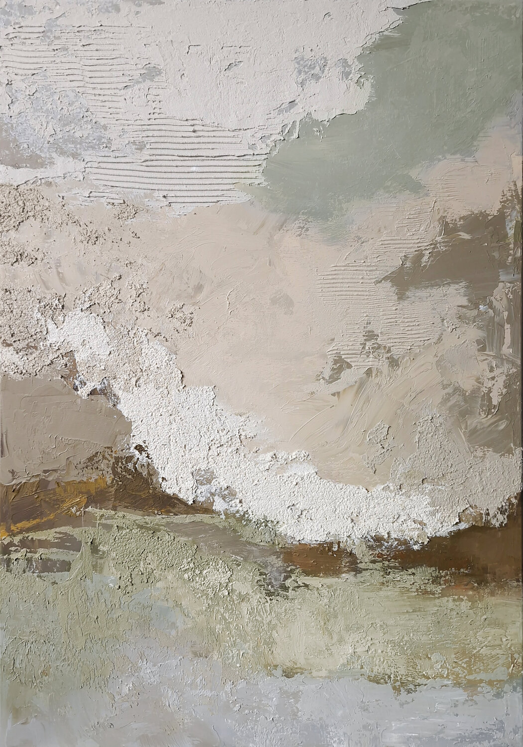 "Biege Fjord 2"  Beige sage green gray abstract acrylic high textured art Yana Sagan Original painting for sale