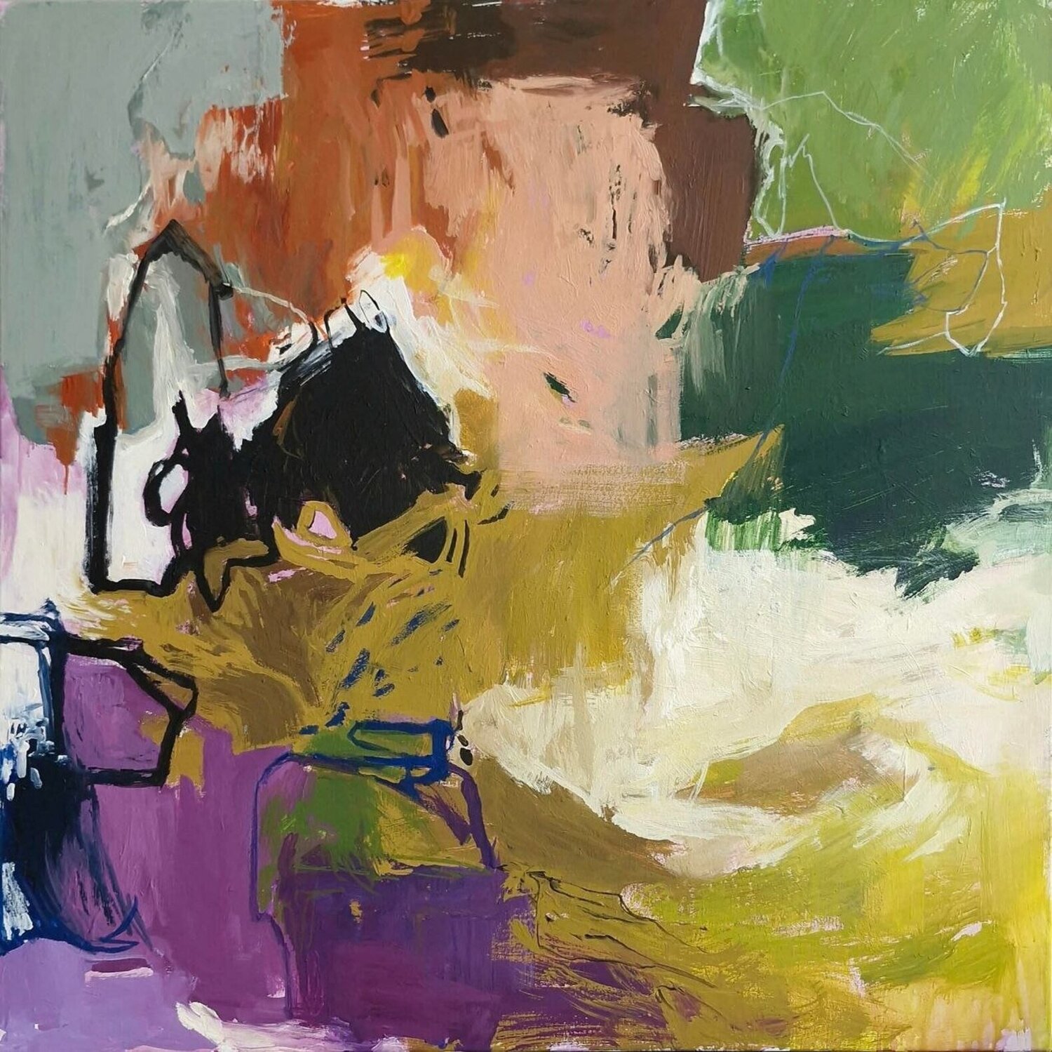 "Rise 2" Abstraction green purple pink gray oil art Yana Sagan Original painting for sale
