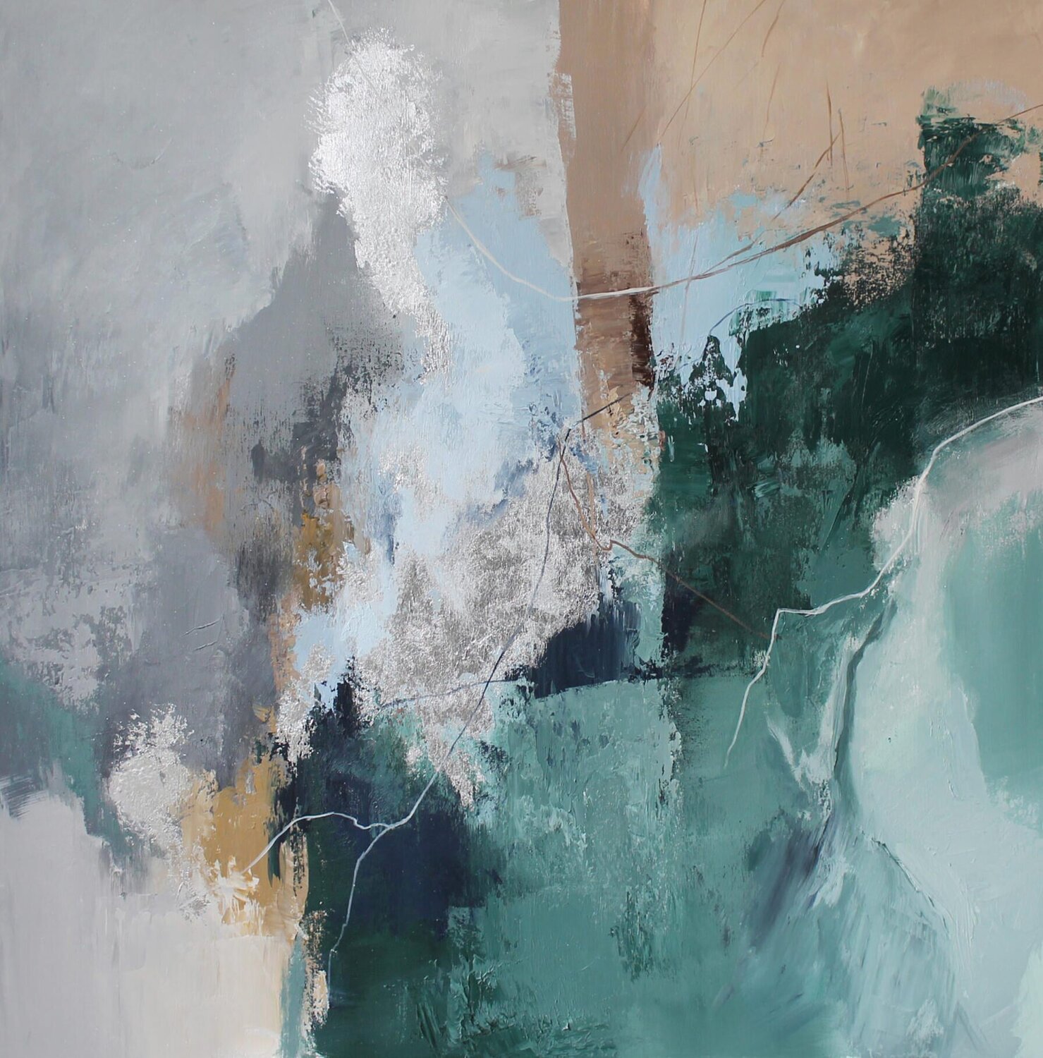 "Coast" Abstract emerald gray blue acrylic art Yana Sagan Original painting for sale