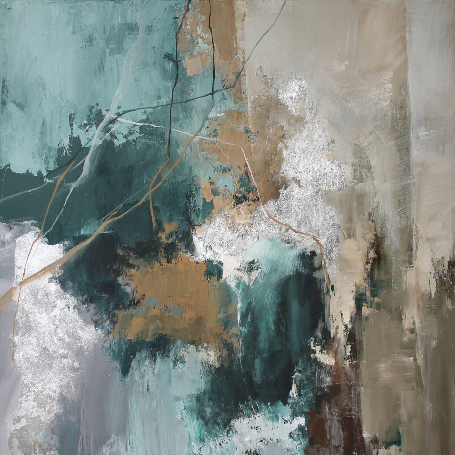 "Green Hill 2" Emerald green silver acrylic abstract art Yana Sagan Original painting for sale