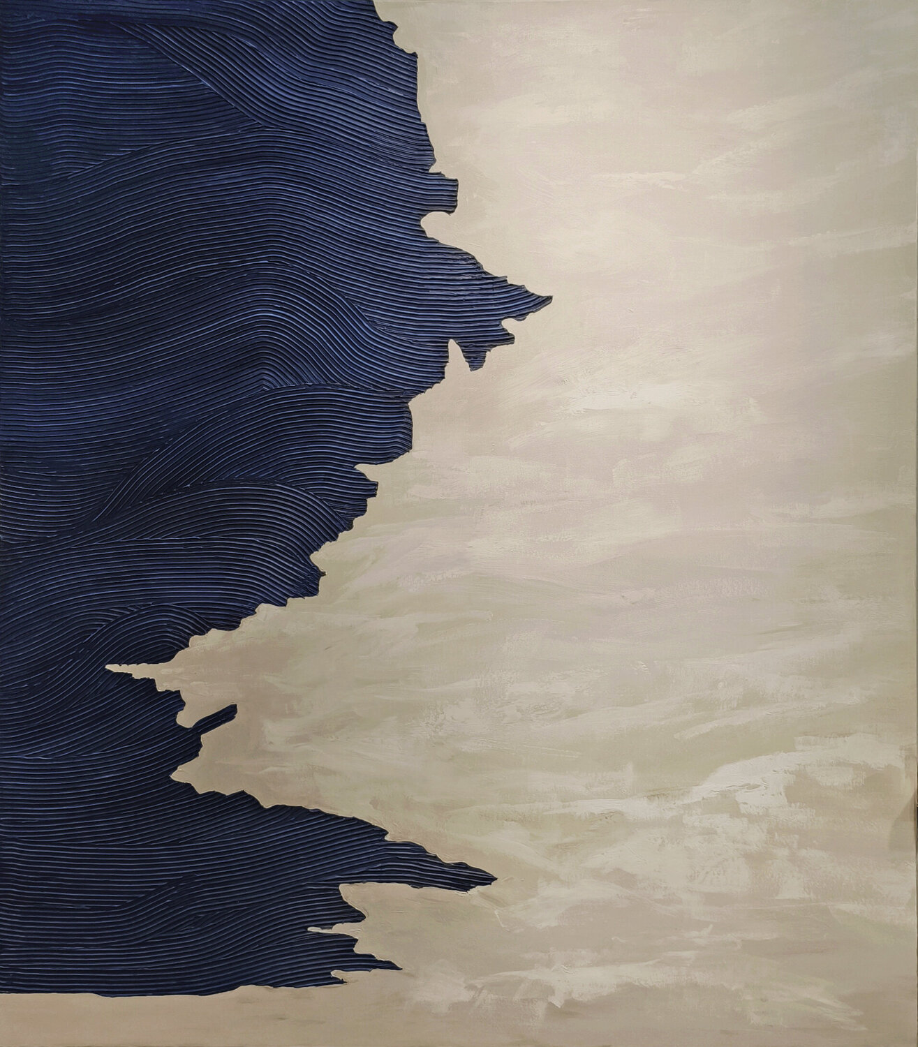 "Shore" Deep navy beige abstract acrylic Yana Sagan Originalgemälde zu verkaufen