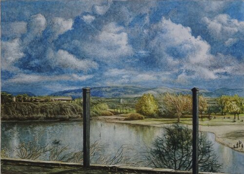 Cloudy sky over the lake by Marie Pascal, Drawing for Sale on Select