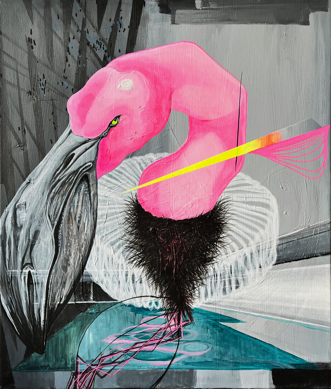 Flamingo am Bungalow Patrick Reischel Original painting for sale