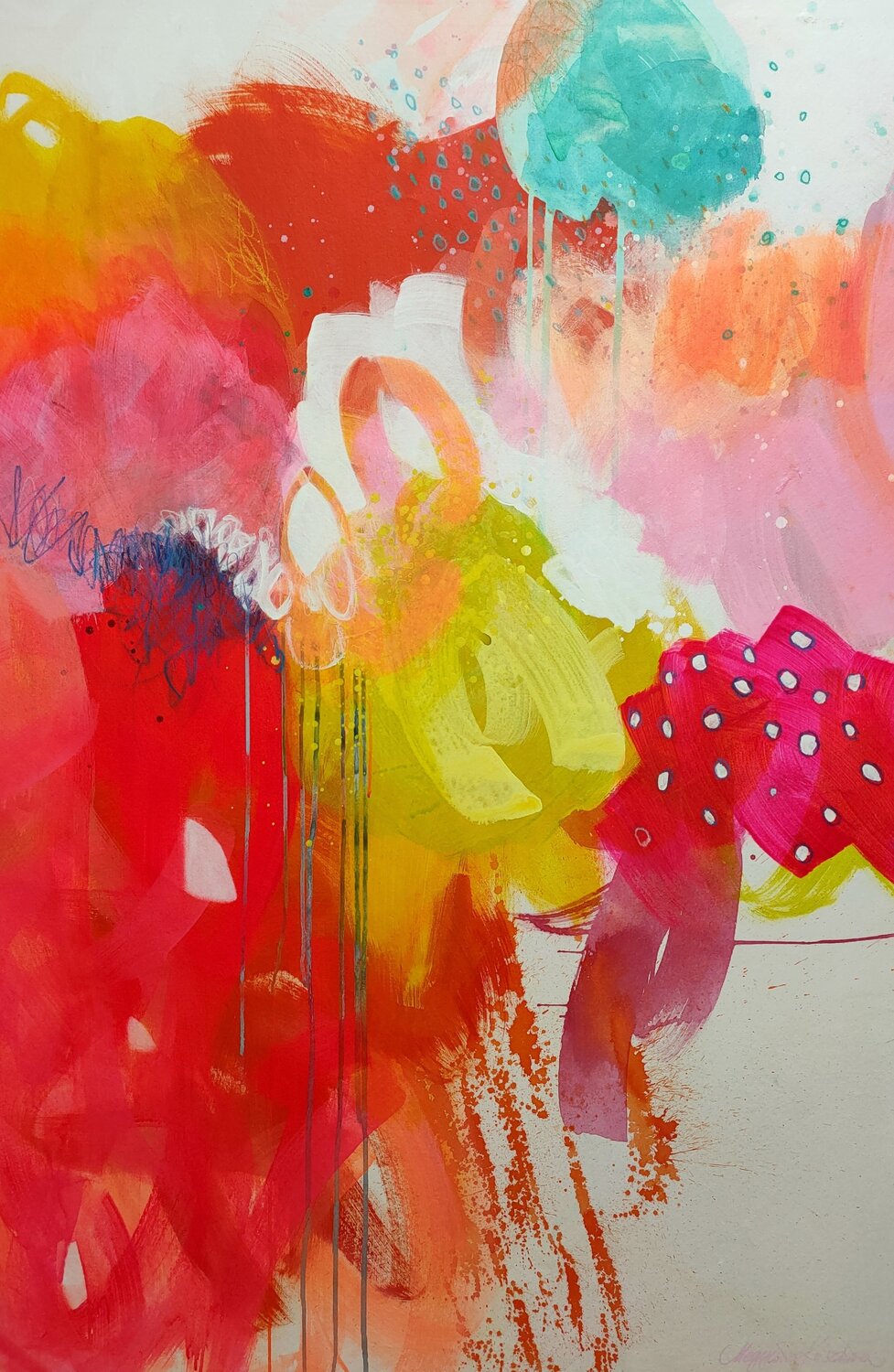 Macedonia con Lamponi - Fruit salad with pink Raspberry Krisztina Megyeri Original painting for sale