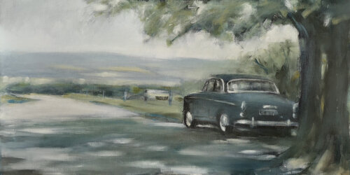 Volvo Amazon in landchap I by Oscar Spierenburg, Painting for Sale on Select