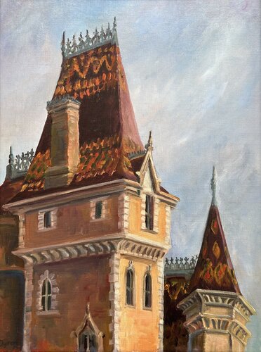 Burgundy Tile Roof, Chateau Rochetaille, France by Deirdre Dyson, Painting for Sale on Select