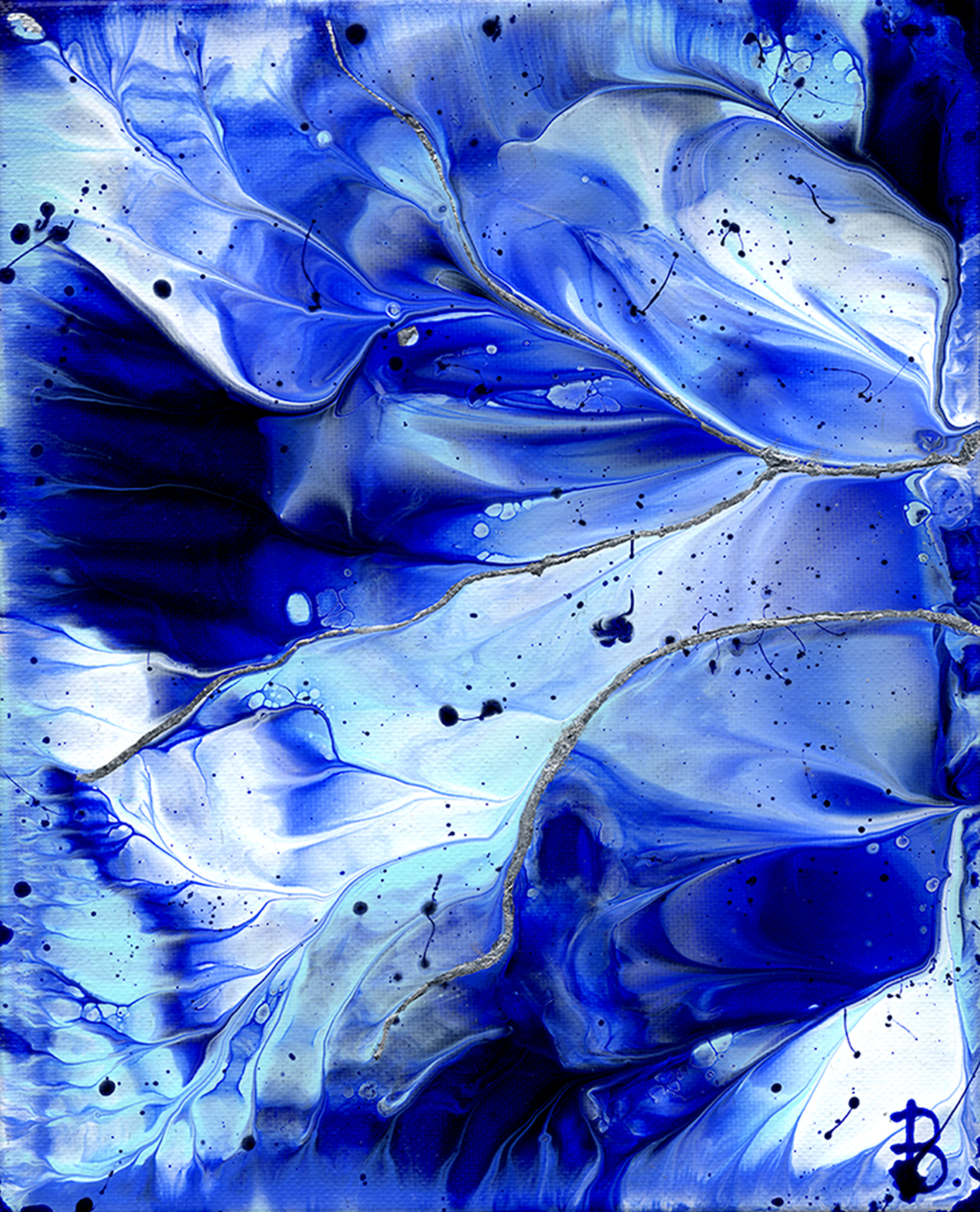 OCEAN WINGS I - Museum Quality Abstract: Silver Leaf on Deep Gallery Wrap Bridget Bradley Original painting for sale