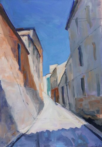 Häuser in Alcalali, ocker-weiß-blau-grau by Hedwig Oeldig, Painting for Sale on Select