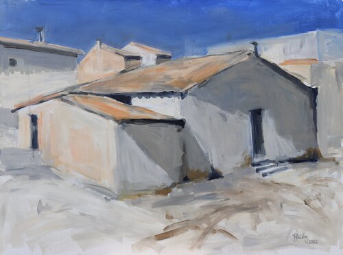 Häuser. Xaló. Weiß Grau Orange by Hedwig Oeldig, Painting for Sale on Select
