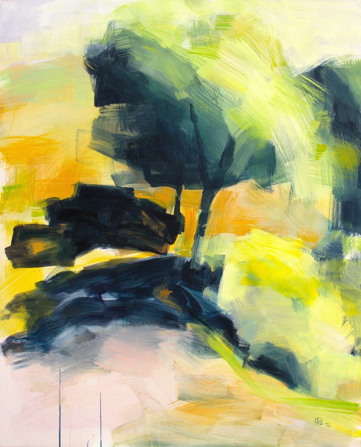 Landschaft mit Schatten. Orange Gelb Paynes Hedwig Oeldig Originalgemälde zu verkaufen