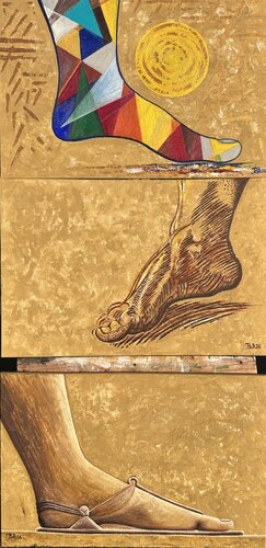 3 Canvas-Feet through history - 24x36x0.75  inch's each panel by SAM AYAD, Painting for Sale on Select