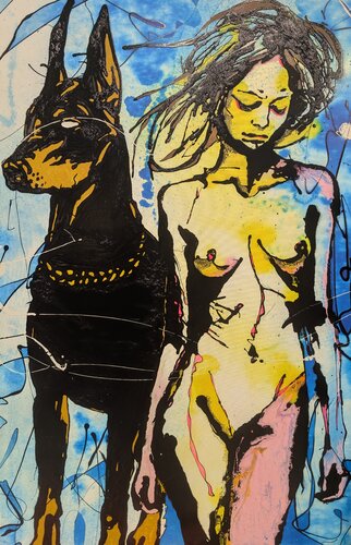 Aldilà , dobermann  volto astratto vernice e smalto su tela by Michele Fontana, Painting for Sale on Select