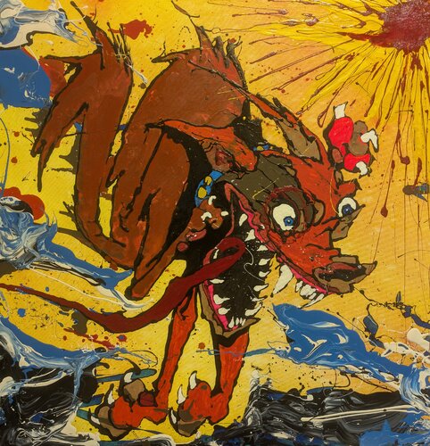 Fuggire velocità cane astratto vernice e smalto su tela animali by Michele Fontana, Painting for Sale on Select