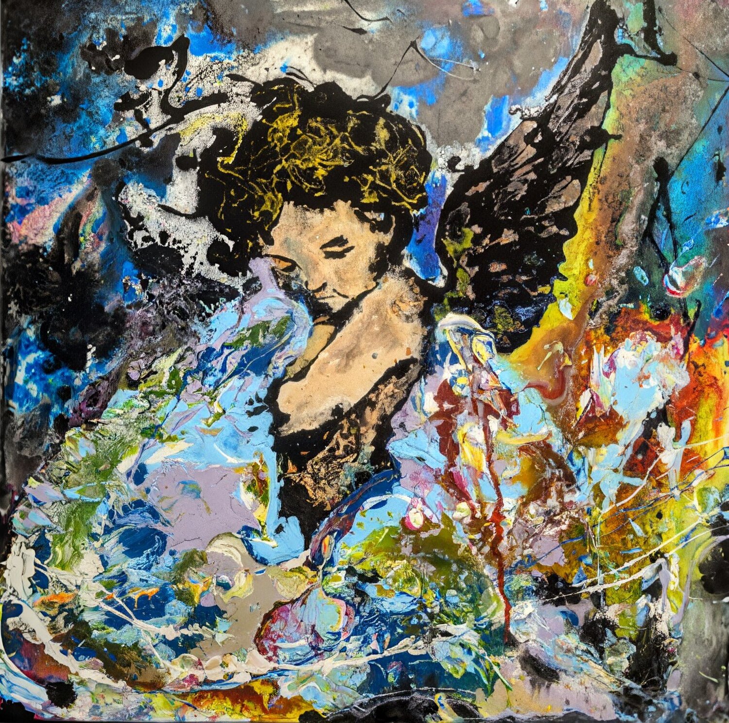 Tra cielo e colori volto angelo astratto vernice e smalto su tela Michele Fontana Original painting for sale