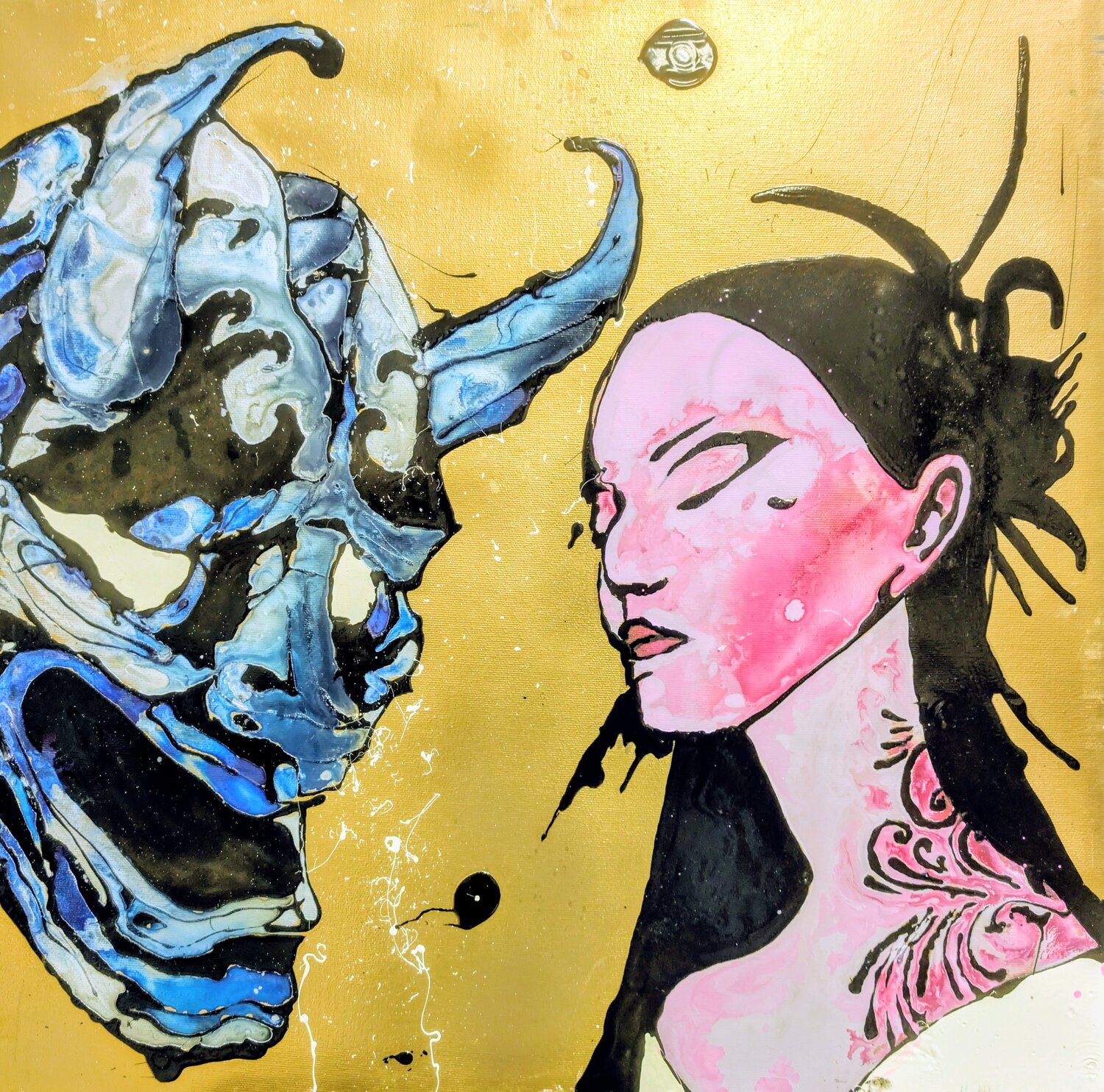 Angeli o demoni ,volto astratto vernice e smalto su tela Michele Fontana Original painting for sale