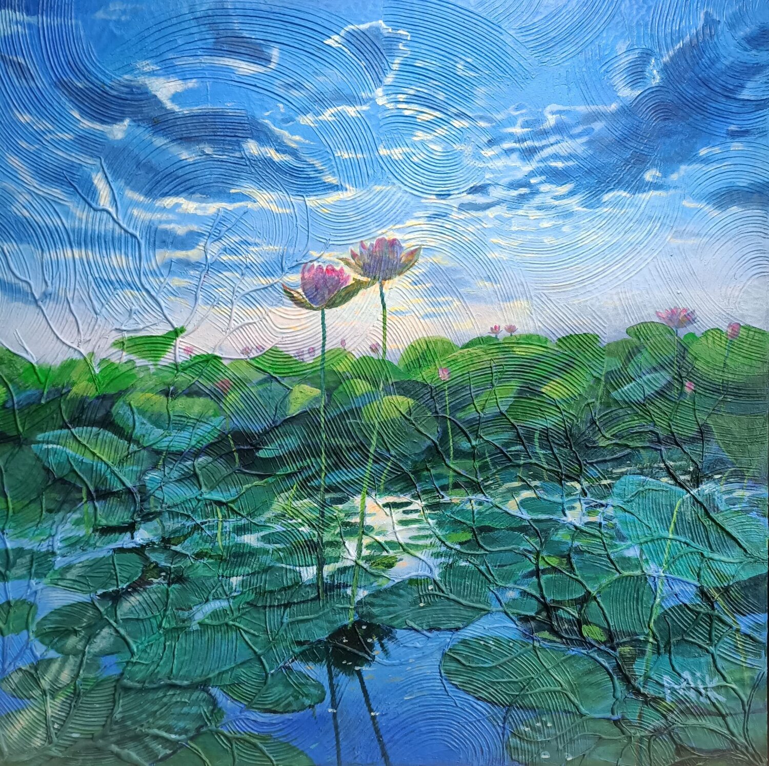 L'étang au lotus Mikel Richard Original painting for sale