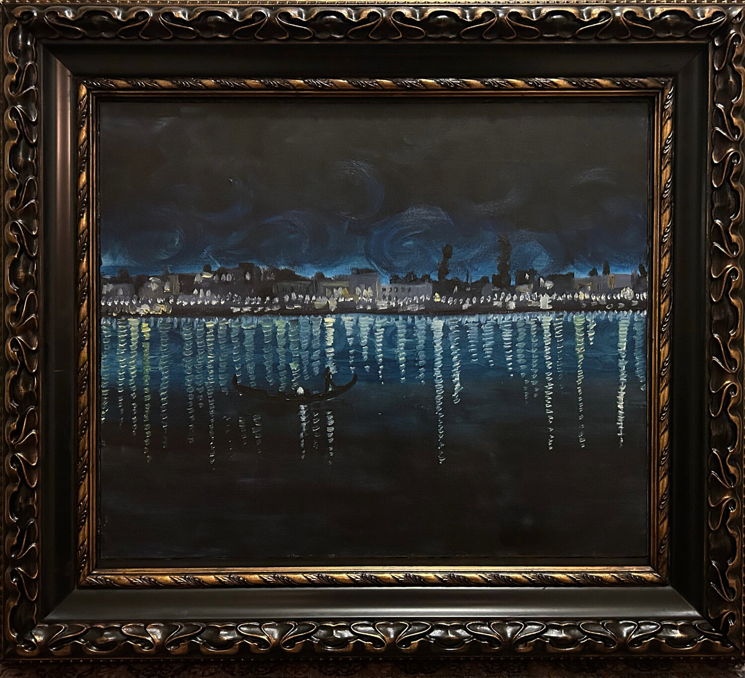 Gondola on the Lake at Night Cricket Original painting for sale
