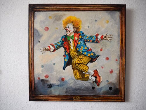 Der fliegende Clown + Animation QR Code rückseitig by Gabriele Müller, Painting for Sale on Select