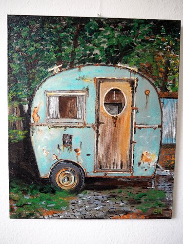 Alter Wohnwagen im Hinterhof by Gabriele Müller, Painting for Sale on Select