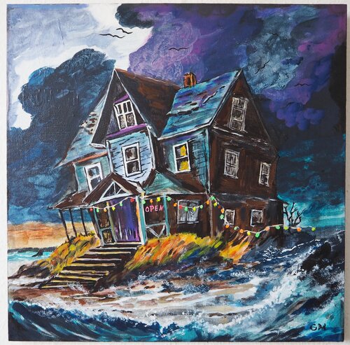 Gasthaus in Sturmflut + Animation QR Code rückseitig by Gabriele Müller, Painting for Sale on Select