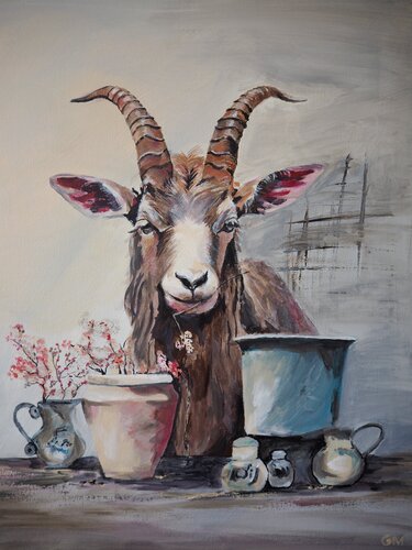 Stillleben mit Ziegenbock + Animation QR Code rückseitig by Gabriele Müller, Painting for Sale on Select