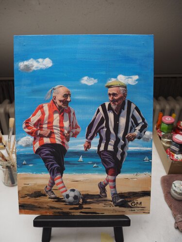 Lovely Oldies - Beach Fußball by Gabriele Müller, Painting for Sale on Select