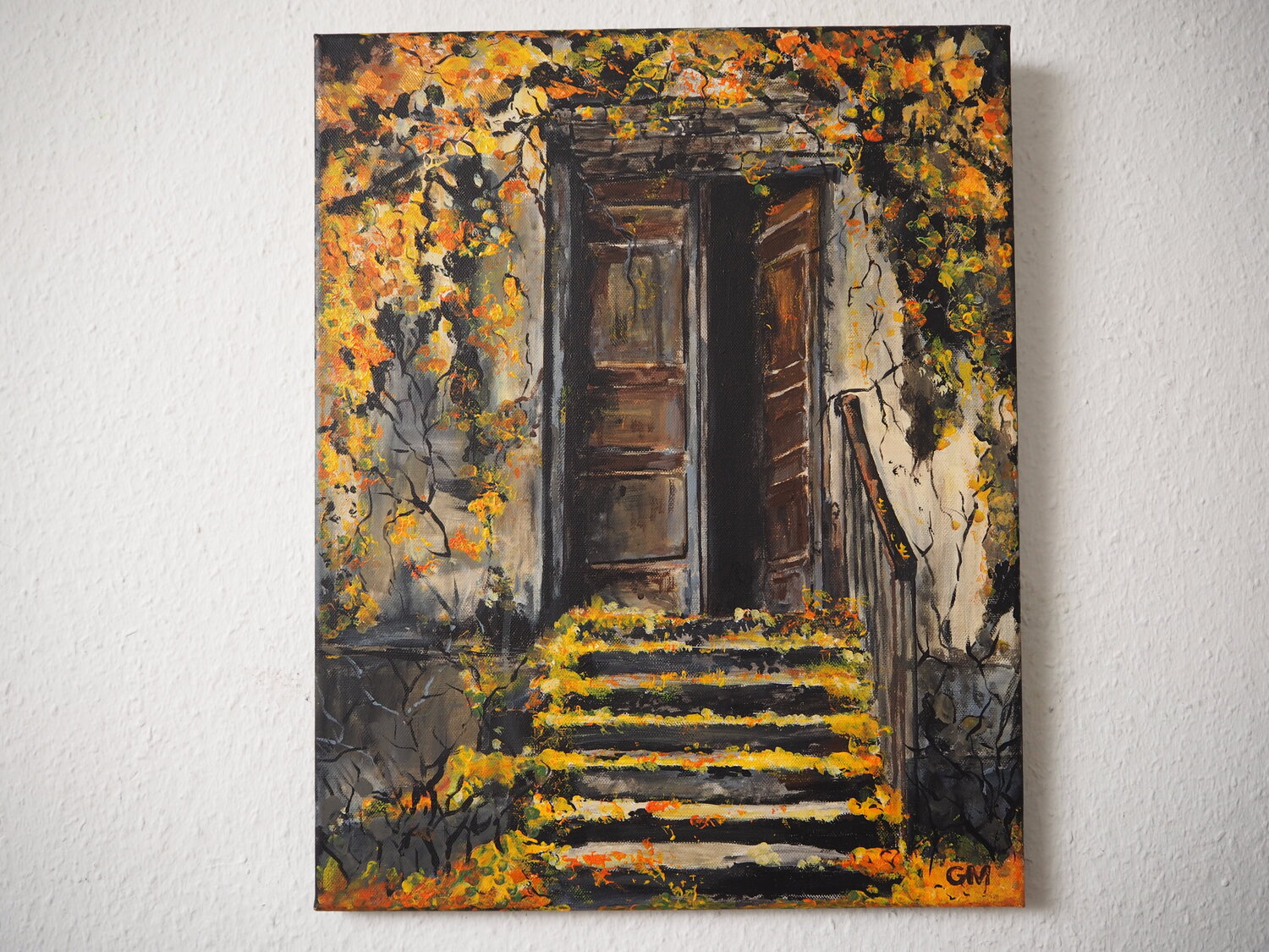 Herbst Ginkgo Treppe Tür Gabriele Müller Original painting for sale