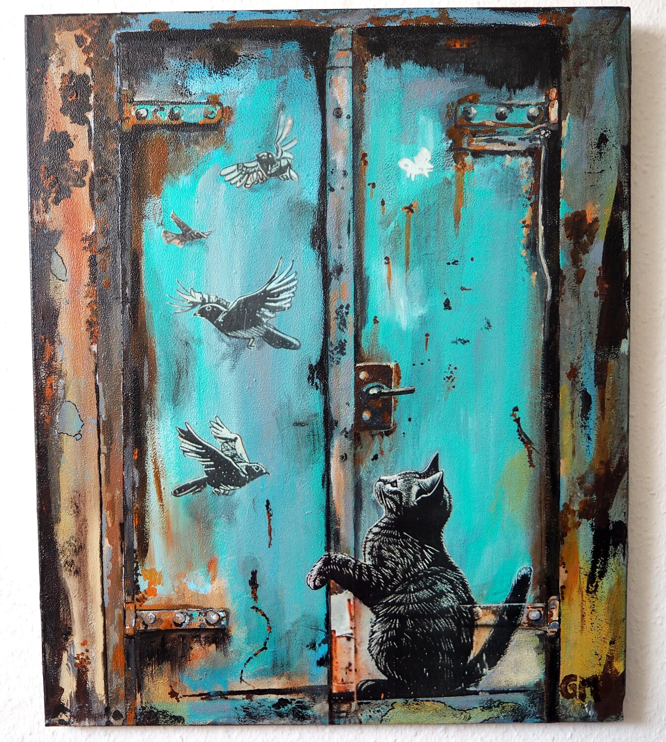 Katze mit Vögel + Animation QR Code rückseitig Gabriele Müller Original painting for sale