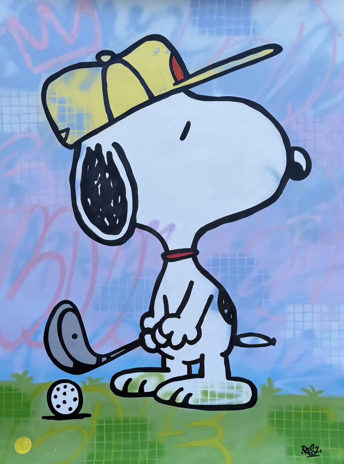 Snoopy plays Golf Alessandro Chindamo Original painting for sale