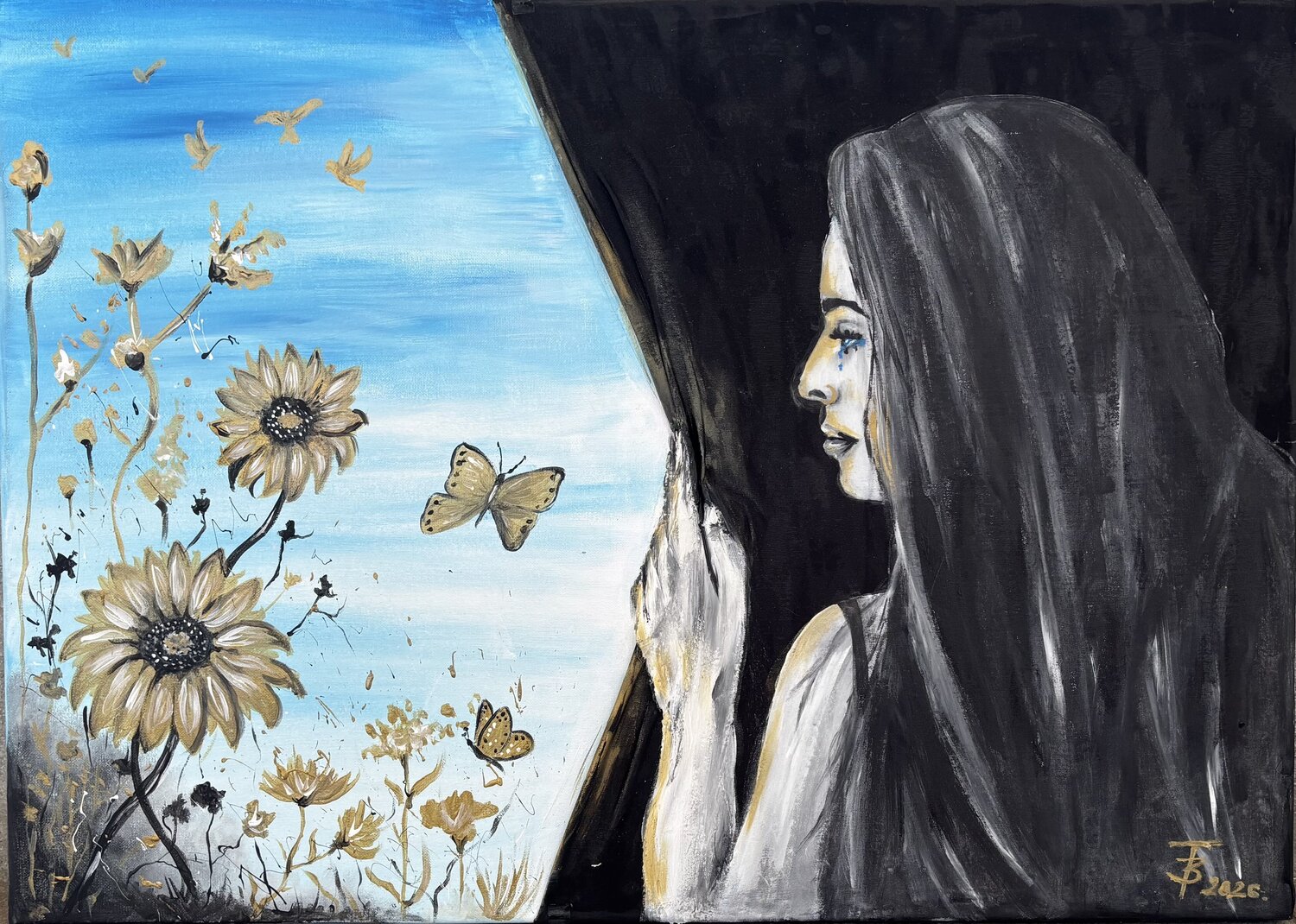 Behind the curtain Beáta Fekete-Vincze Original painting for sale