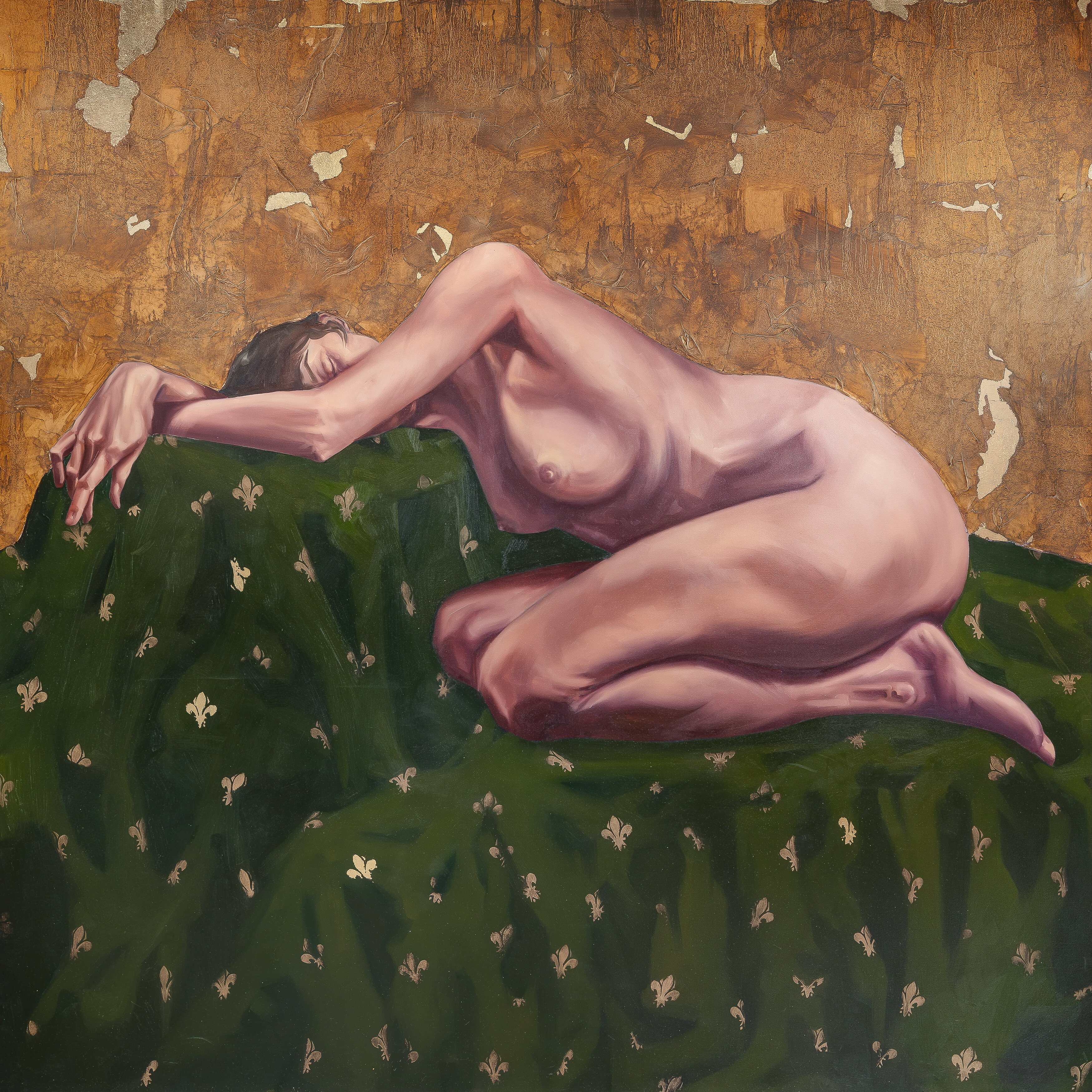 Gilded Repose - Contemporary Female Figure Oil Painting with Gold Leaf