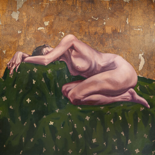 Gilded Repose - Contemporary Female Figure Oil Painting with Gold Leaf by Kateryna Panko, Painting for Sale on Select