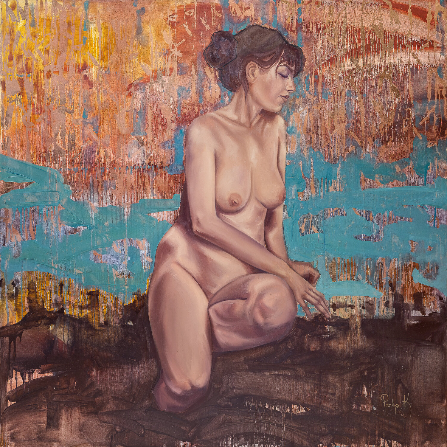 Stillness on the Shore - Contemporary Figurative Female Oil Painting with Gold Leaf Kateryna Panko Original painting for sale