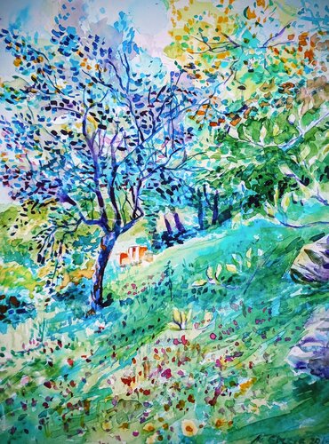 Bee hive in orchard by Maja Grecic, Painting for Sale on Select