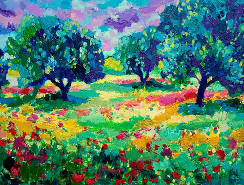 Purple clouds over orchard by Maja Grecic, Painting for Sale on Select
