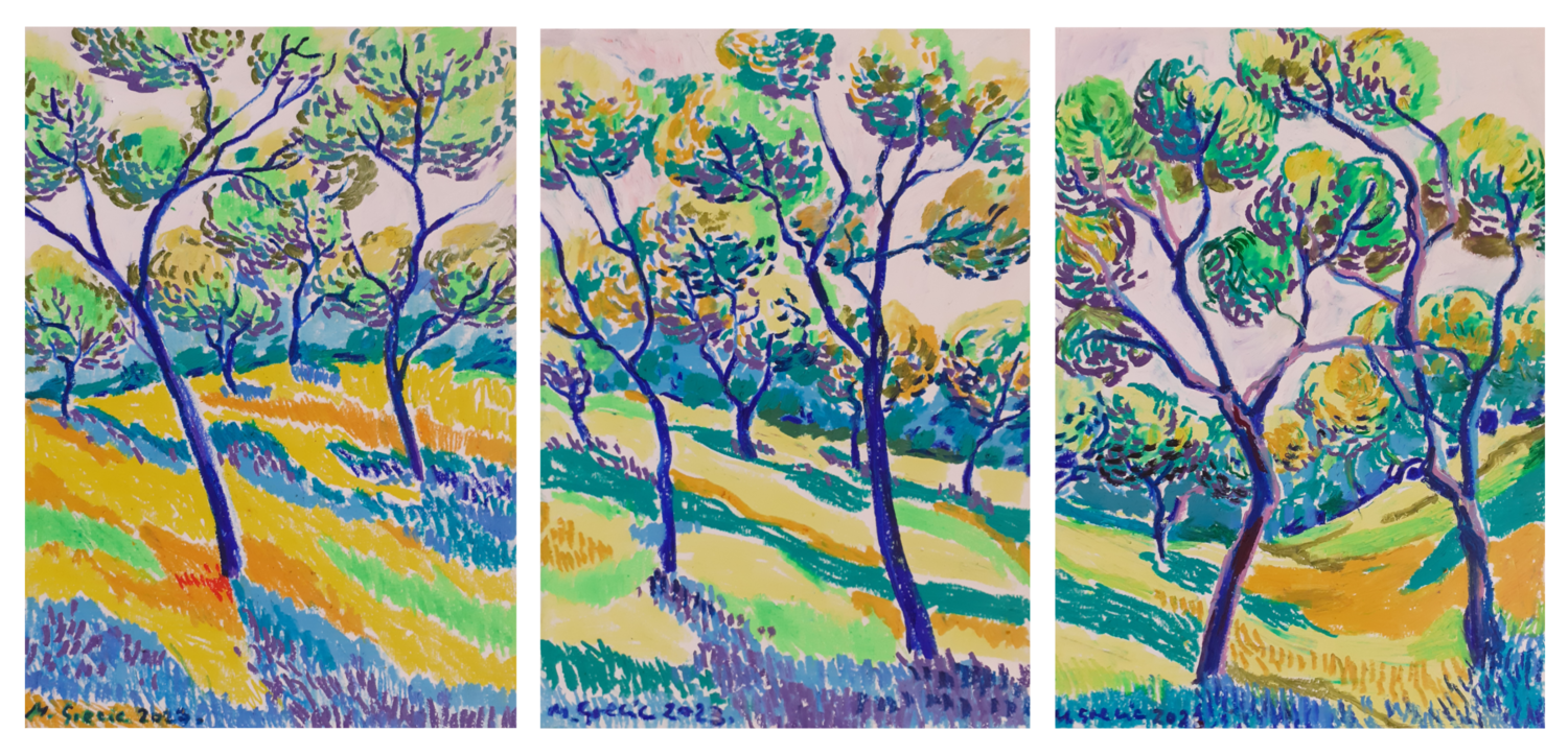 Spring orchard Tryptich Maja Grecic Drawing for sale