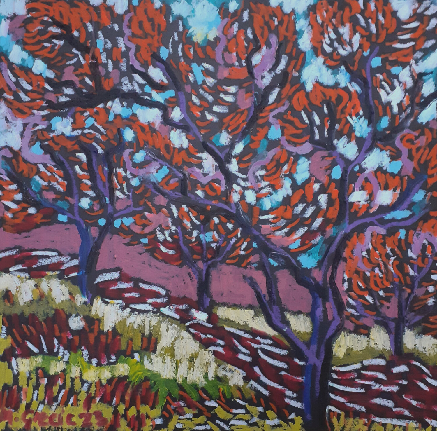 Olive grove in red Maja Grecic Drawing for sale