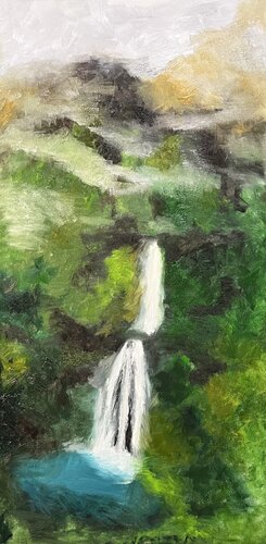 Waterfall in jungle by Margo Kirago, Painting for Sale on Select