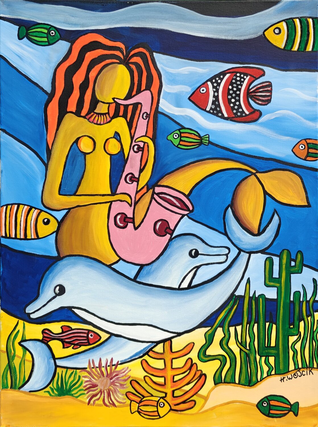 Sirène & Saxo Henri Wojcik Original painting for sale