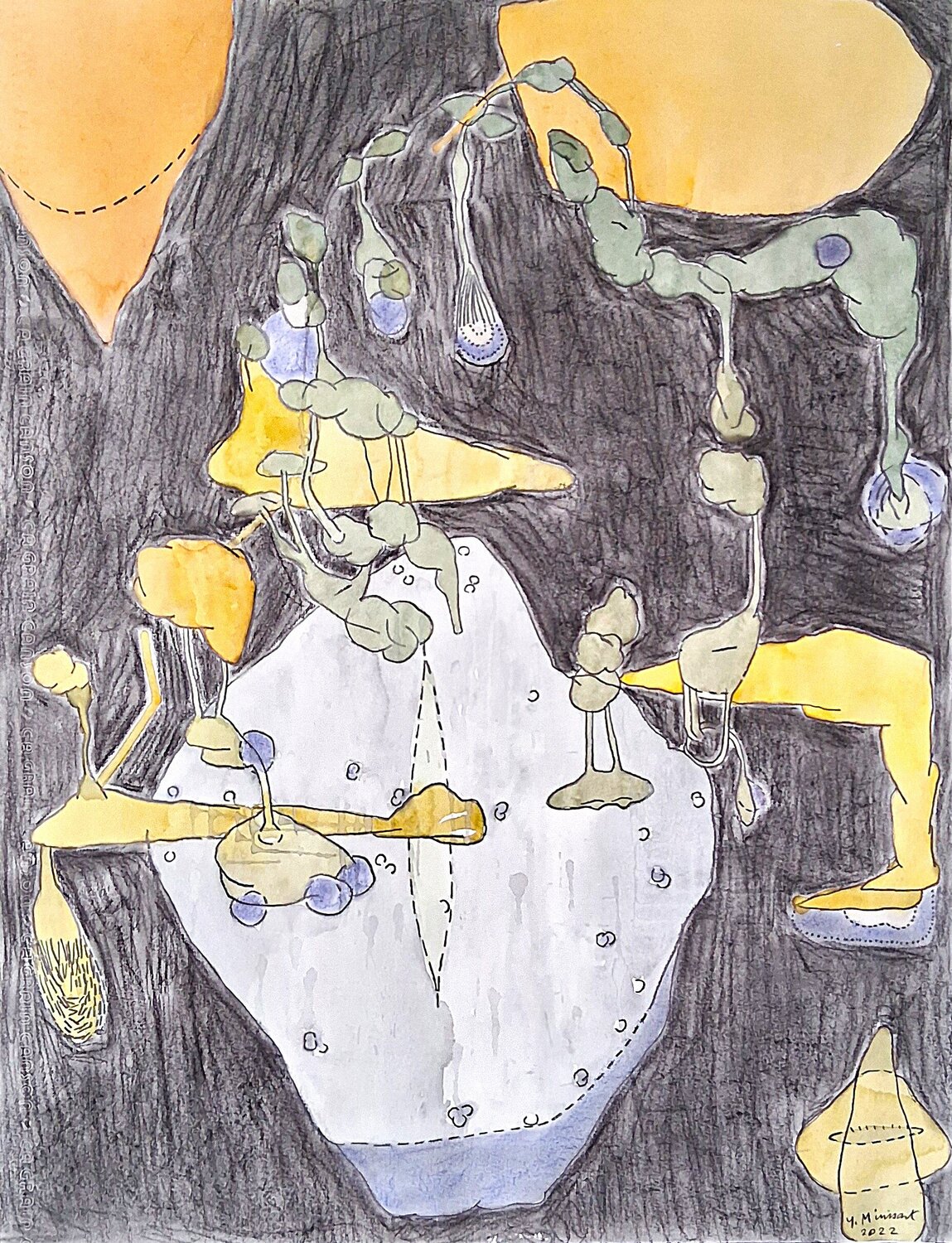 Figures jaunes sur fond noir yves minssart Original painting for sale