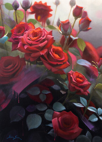 Magenta Roses, Silent Dawn by Pedro Sanz, Painting for Sale on Select