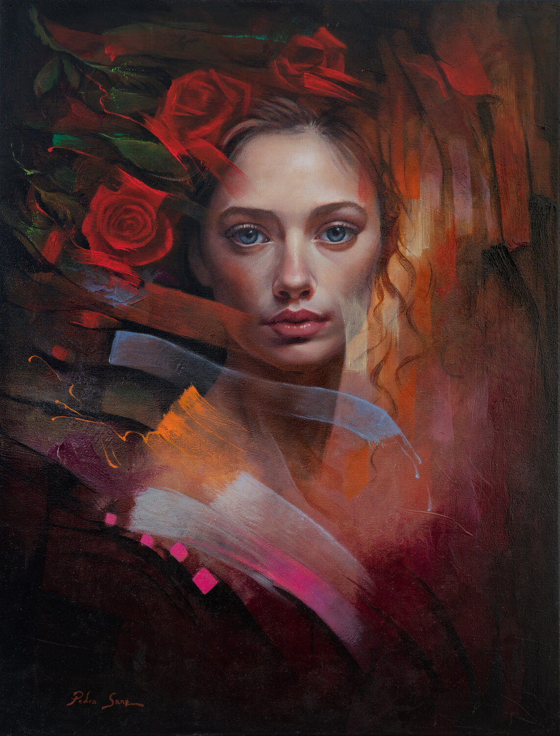 Portrait, Roses and Matter Pedro Sanz Original painting for sale