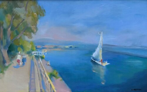 A Lonely White Sail Gleams by Marija Ruisi, Painting for Sale on Select
