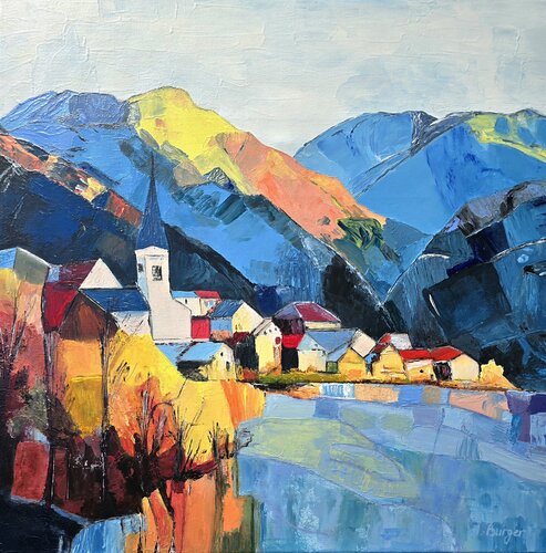 Hallstatt in Golden Autumn Light by Anna Burger, Painting for Sale on Select