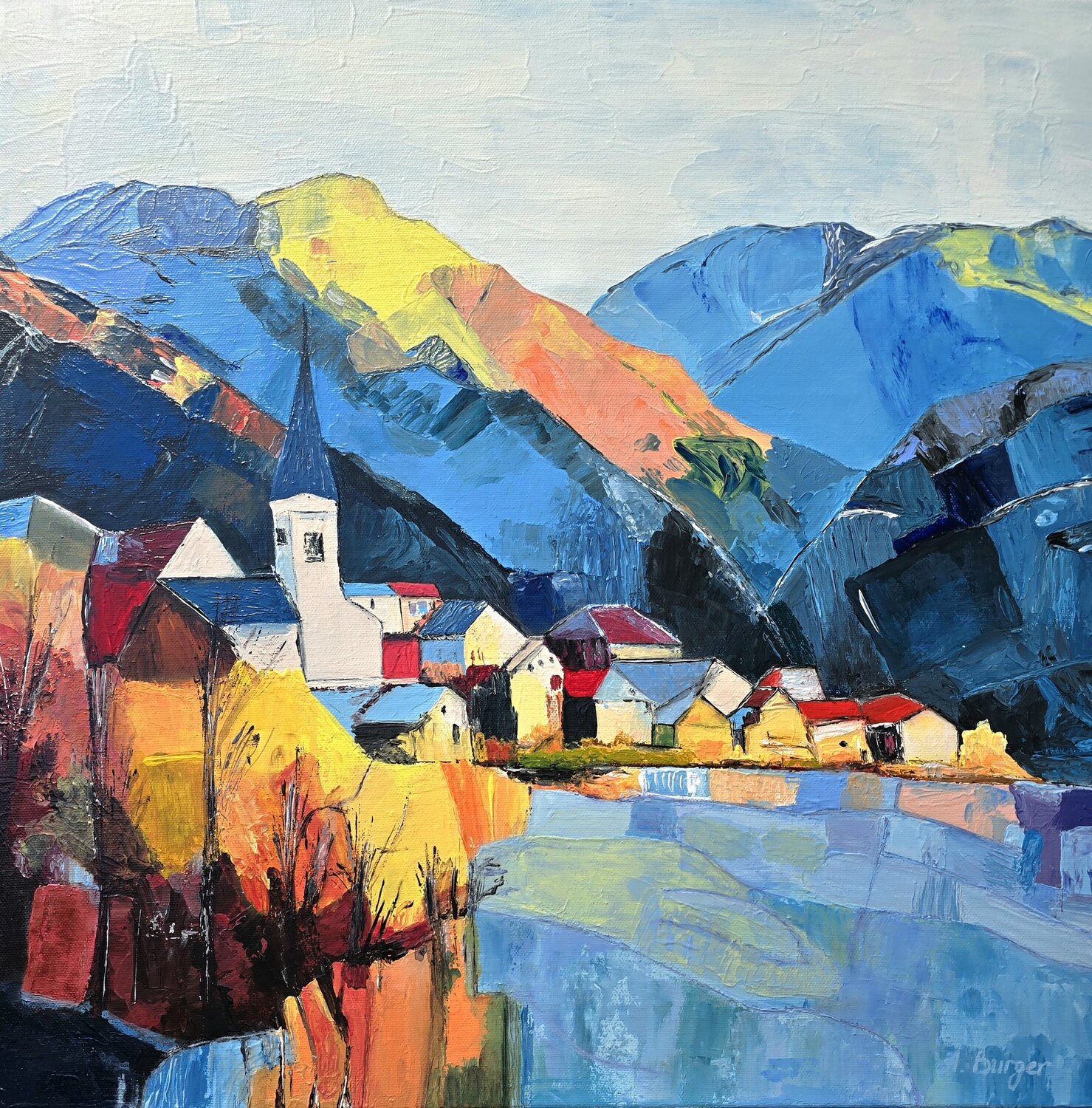 Hallstatt in Golden Autumn Light Anna Burger Original painting for sale