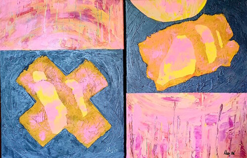 Pink and Yellow Signs by Monika Nun, Painting for Sale on Select