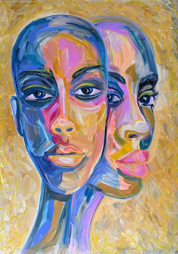 Intimacy - Colorful Abstract Couple Portrait by Natalie Yurpal, Painting for Sale on Select
