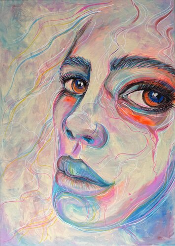 Pastel Fire - Modern Multicolor Portrait with Fluid Motion by Natalie Yurpal, Painting for Sale on Select