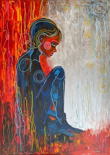 Between Flame and Silence - Contemporary Figurative Painting by Natalie Yurpal, Painting for Sale on Select